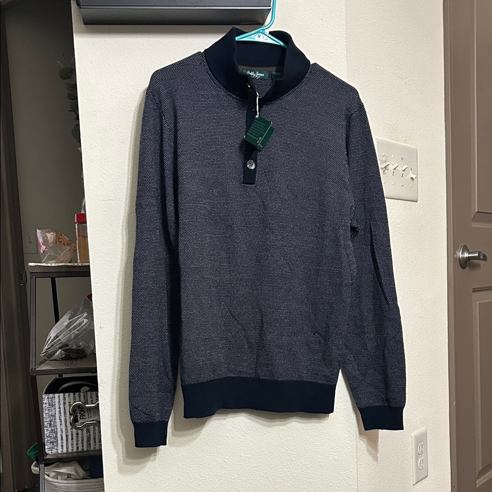 NWT BOBBY JONES HENLEY SWEATER SIZE L 100% MERINO WOOL BLUE GRAY